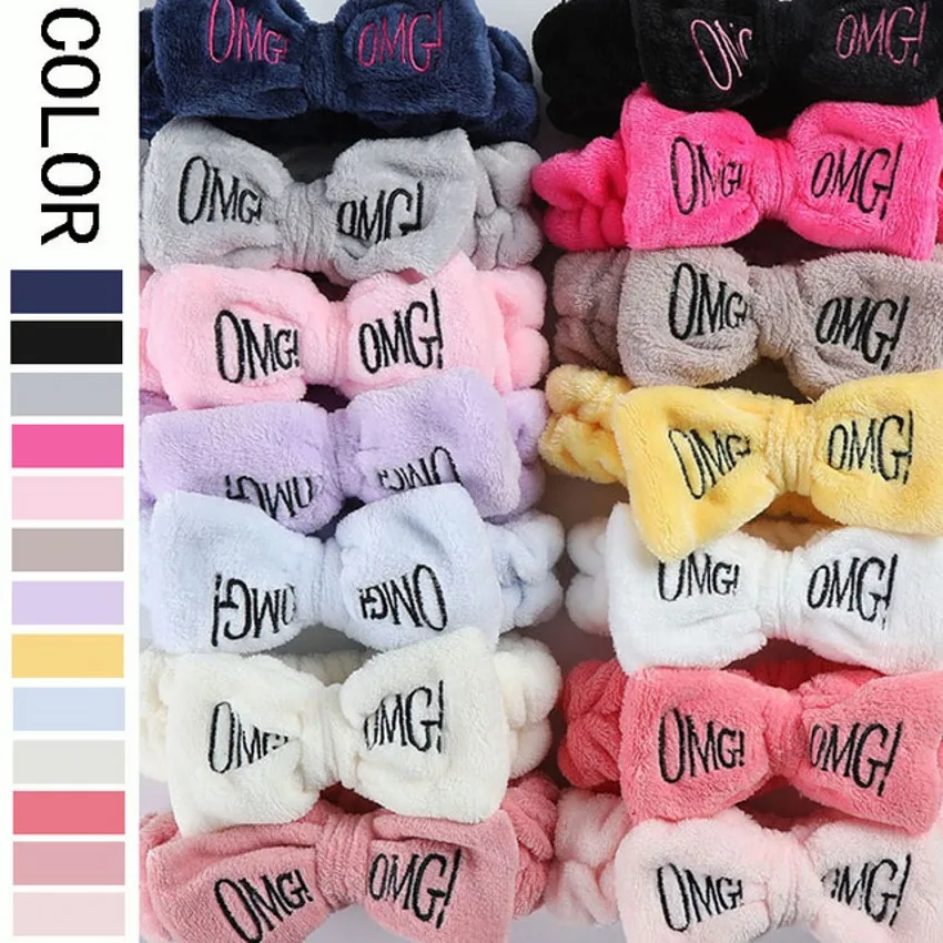 

Hot New 2020 OMG Letter Headbands Girls Women Bow Wash Face Soft Turbans Elastic Hair Bands Coral Fleece Makeup Hair Accessories