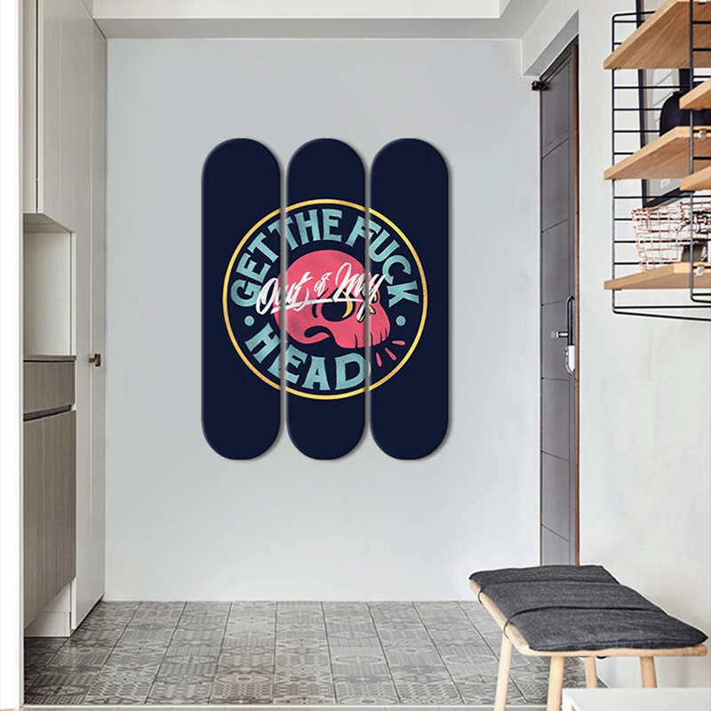 

3pcs Pop Art Skateboard Wall Art Get the Fuck Out of My Head Decorated Skate Deck Mural for Garage Bar Club Home Decoration