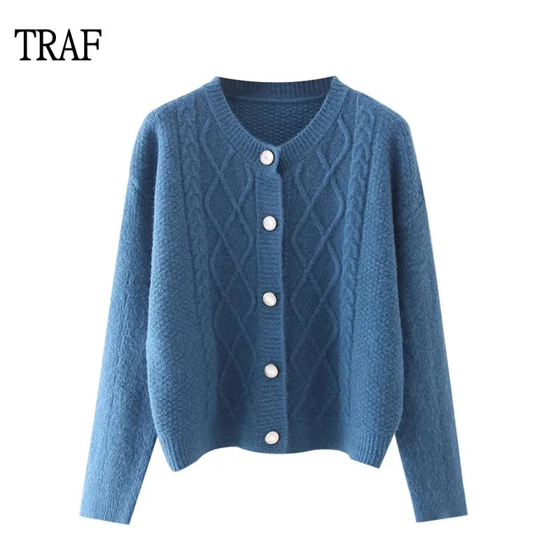 

TRAF Woman 2021 Cardigan Woman Knitted Sweater Autumn Long Sleeve Top Women Clothing Chic Buttons Casual Korean Female Coat