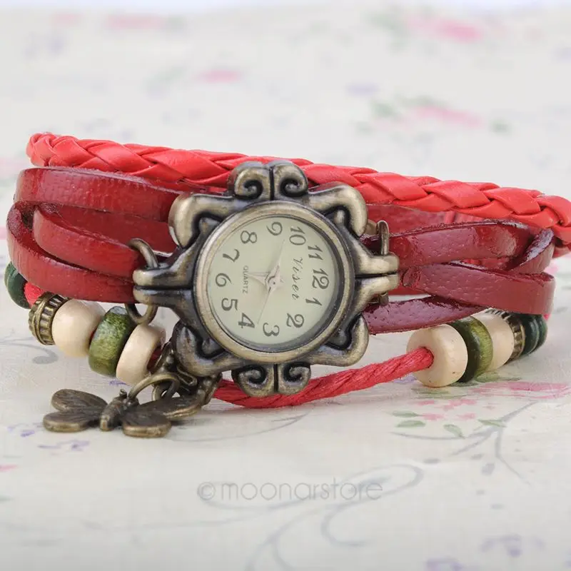 Женские винтажные многоуровневые плетеные часы из ПУ кожи с бусинами и браслетом