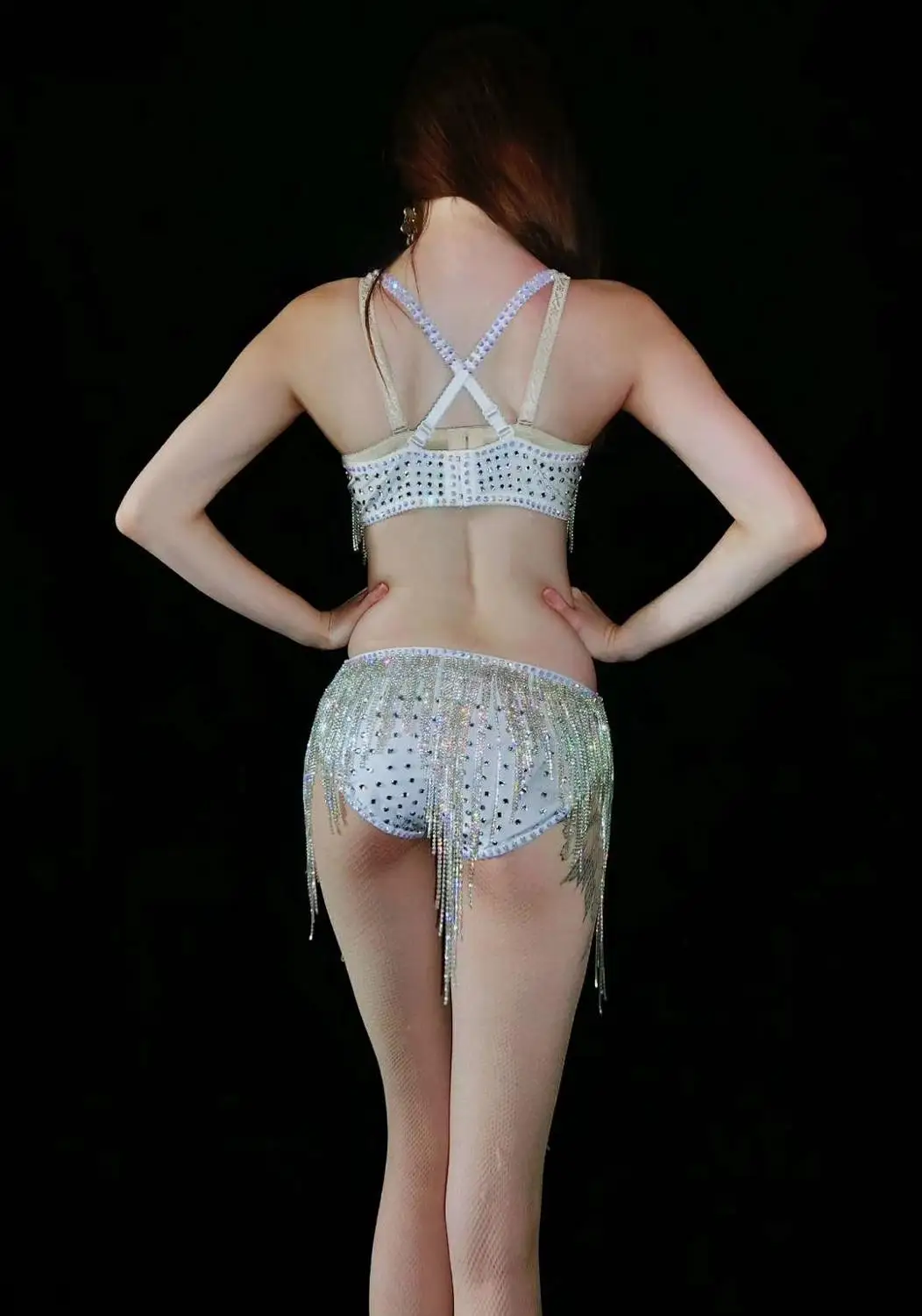 

Lady Bar Nightclub DJ Pole Dance Costume Sparkly Rhinestones Bikini Dance Outfit Crystal Tassel Bra Shorts 2-Pieces Set Costume