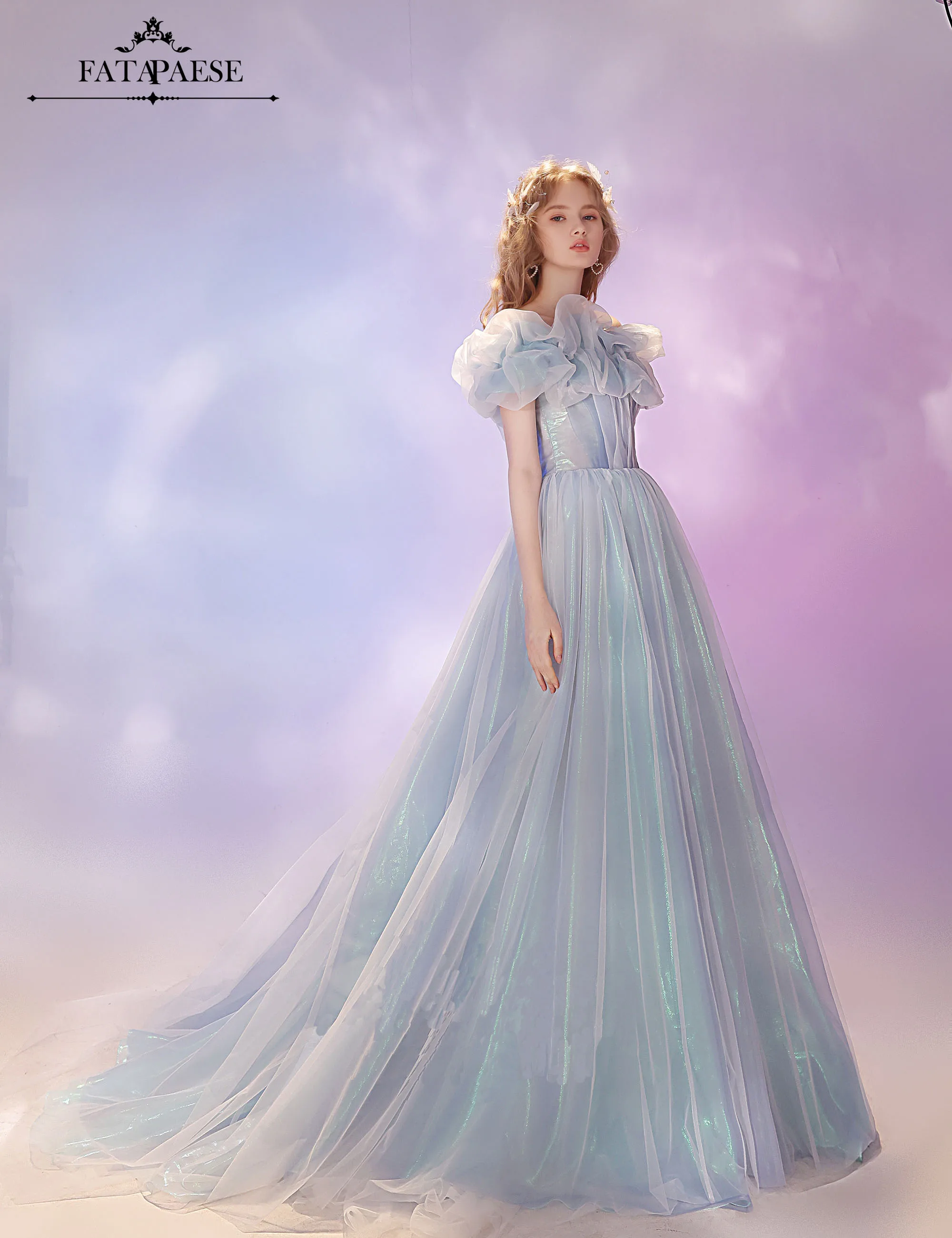 FATAPAESE Wedding Dress Blue Floor Length Aline  Princess Off Shouder Laser Colorful Clouds  Ruched Fairy  Gowns  Fresh Style