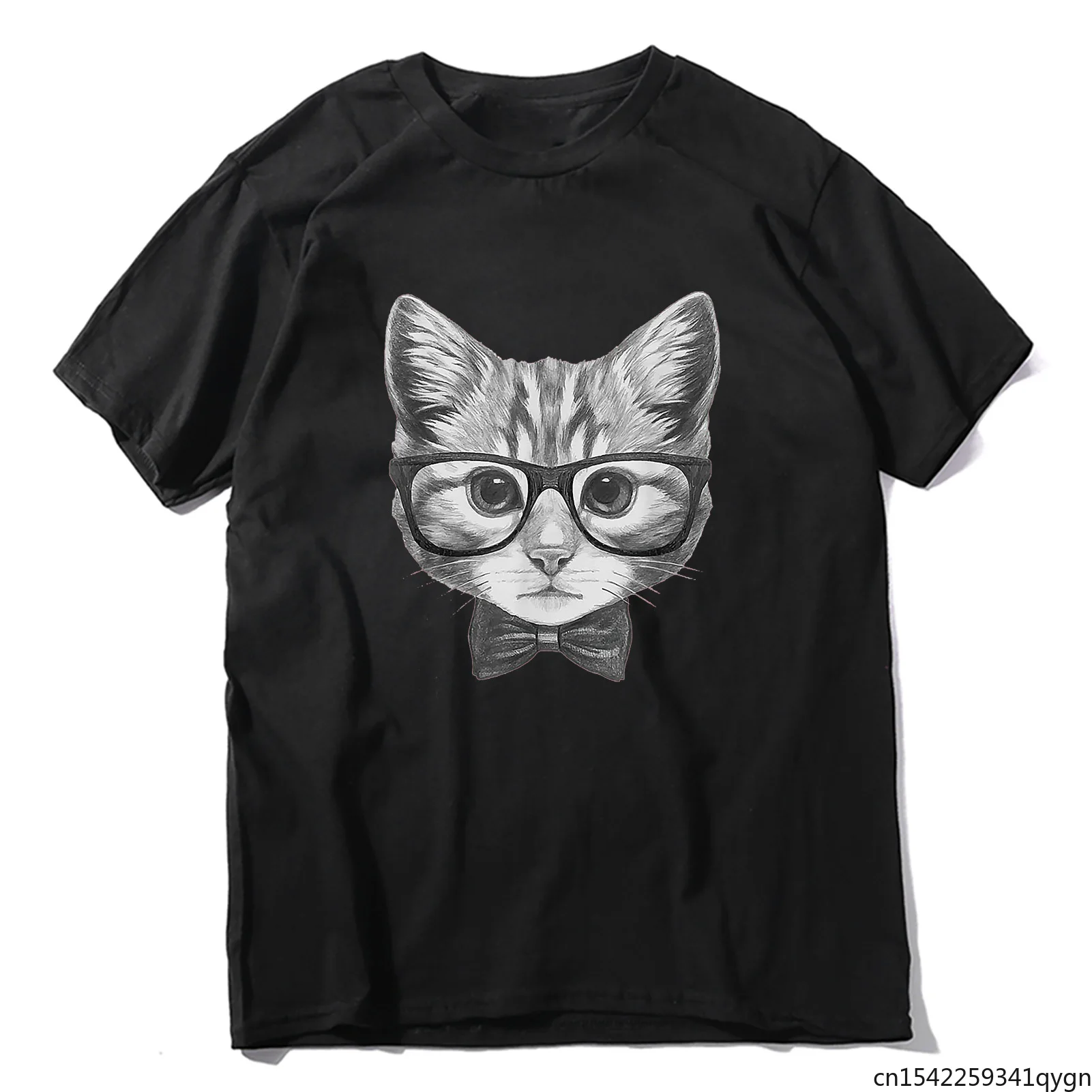 

Unisex Cute Smart Cat Wearing Glasses Bow Tie Funny Cat Lover Men's Short Sleeve T-Shirt Streetwear Women Tee