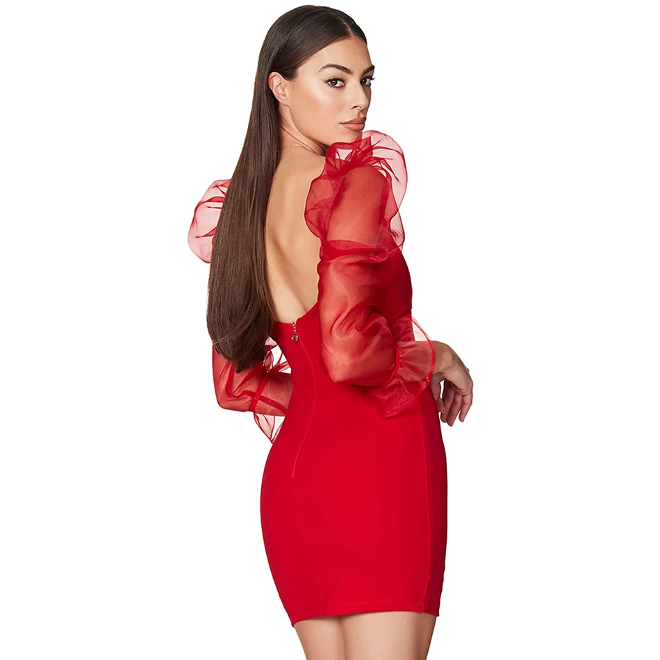 

Patchwork Bandage Women Dress Red Sexy Long Puff Sleeve Bodycon Mini Club Celebrity Evening Party Dress 2020 Summer Fashion New