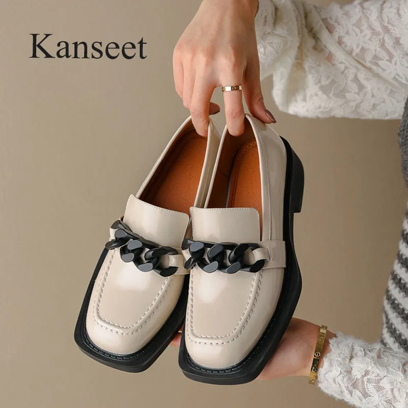 Kanseet Women's Shoes Spring Newest Round Toe Chain Decoration Genuine Leather Handmade Casual Mid Heels Ladies Footwear Size 40