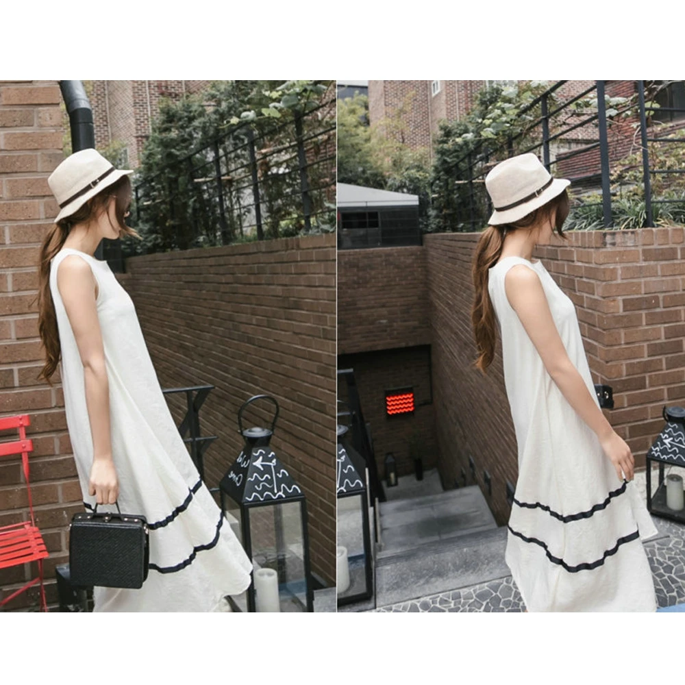 

Lugentolo Summer Dress Women Striped Printed Loose Sleeveless Round Neck Casual Fashion A-Line Womens Dress