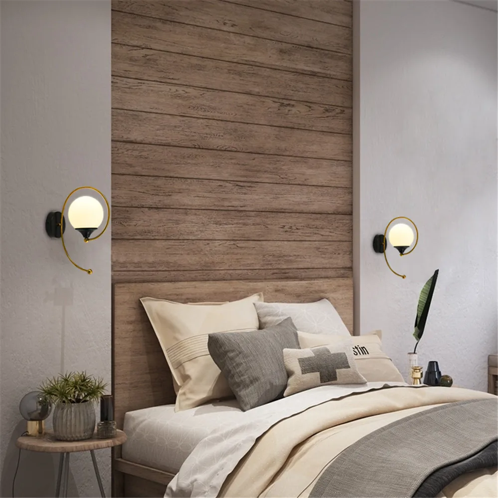 

Nordic Smoky Gray Stained Glass Ball Gold Metal Wall Lamp Loft Bedroom Bedside Decoration Living Room Sconce Led Light Fixtures