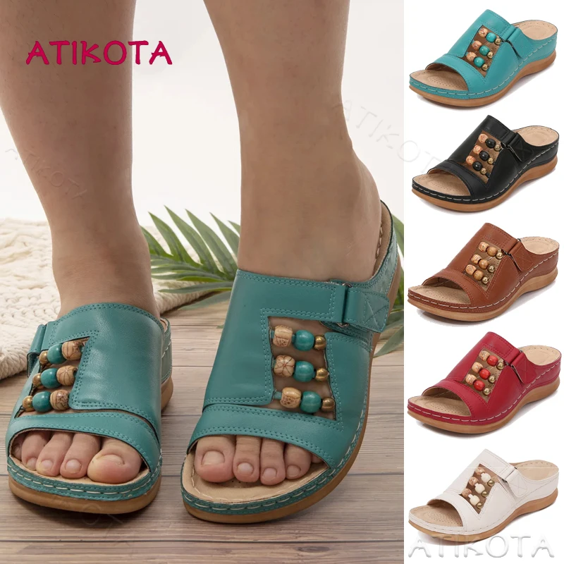

Atikota Women Thick Bottom 2021 Fashion Casual Slippers Hand-beaded Wedges New Retro Sandal for Female Shoes