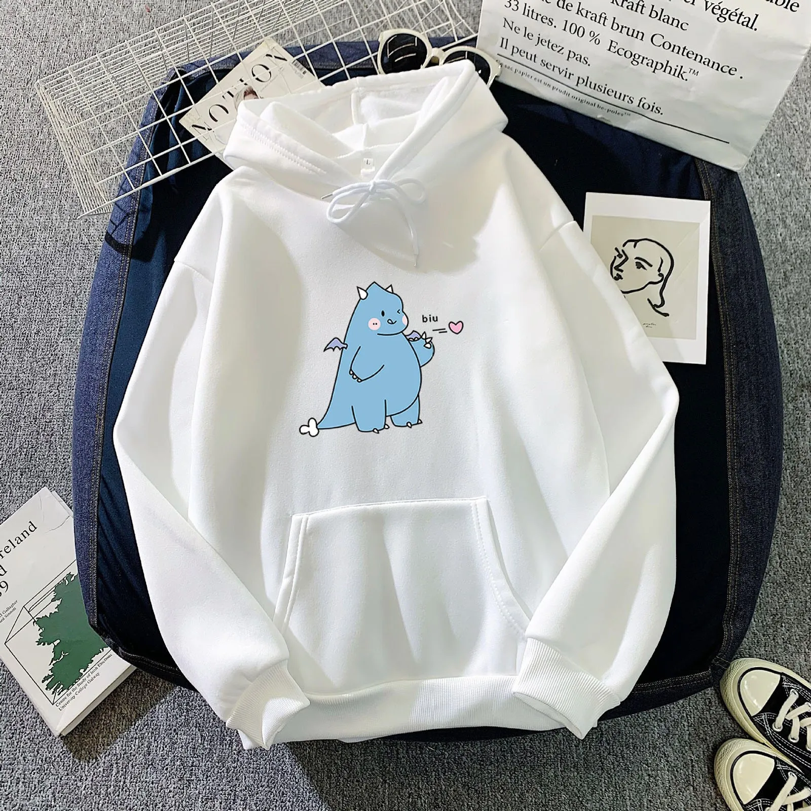 Sweatshirt Dinosaur Print Women's Autumn Velvet Oversized Cartoon Stitching Loose Plus Size Pocket Hooded Sweatshirt 2021 New