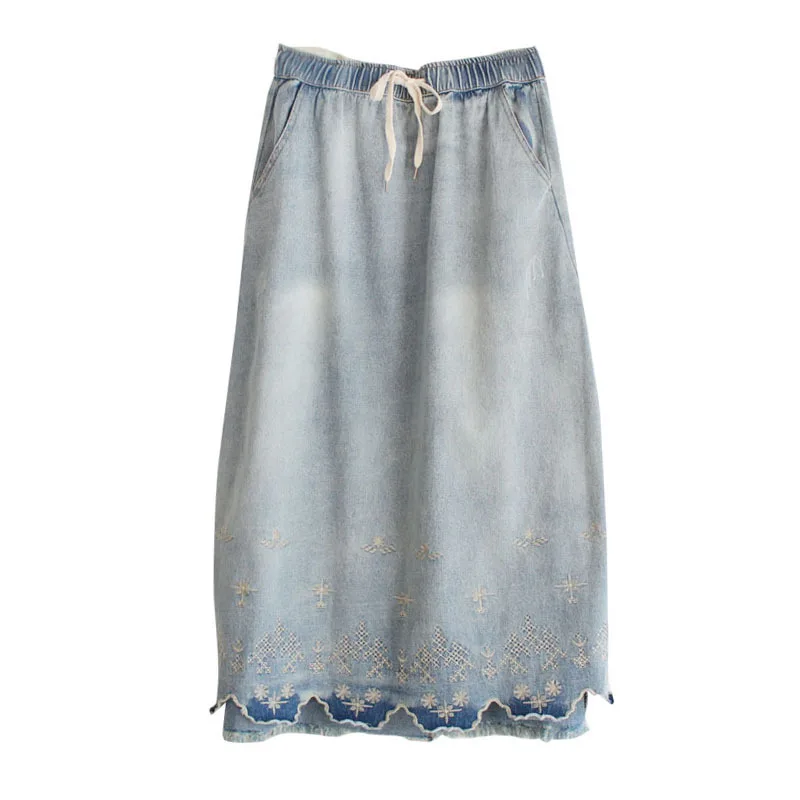 

8919New Весенняя женская джинсовая юбка художественная повседневная юбка средней длины с эластичным поясом на шнуровке с вышивкой