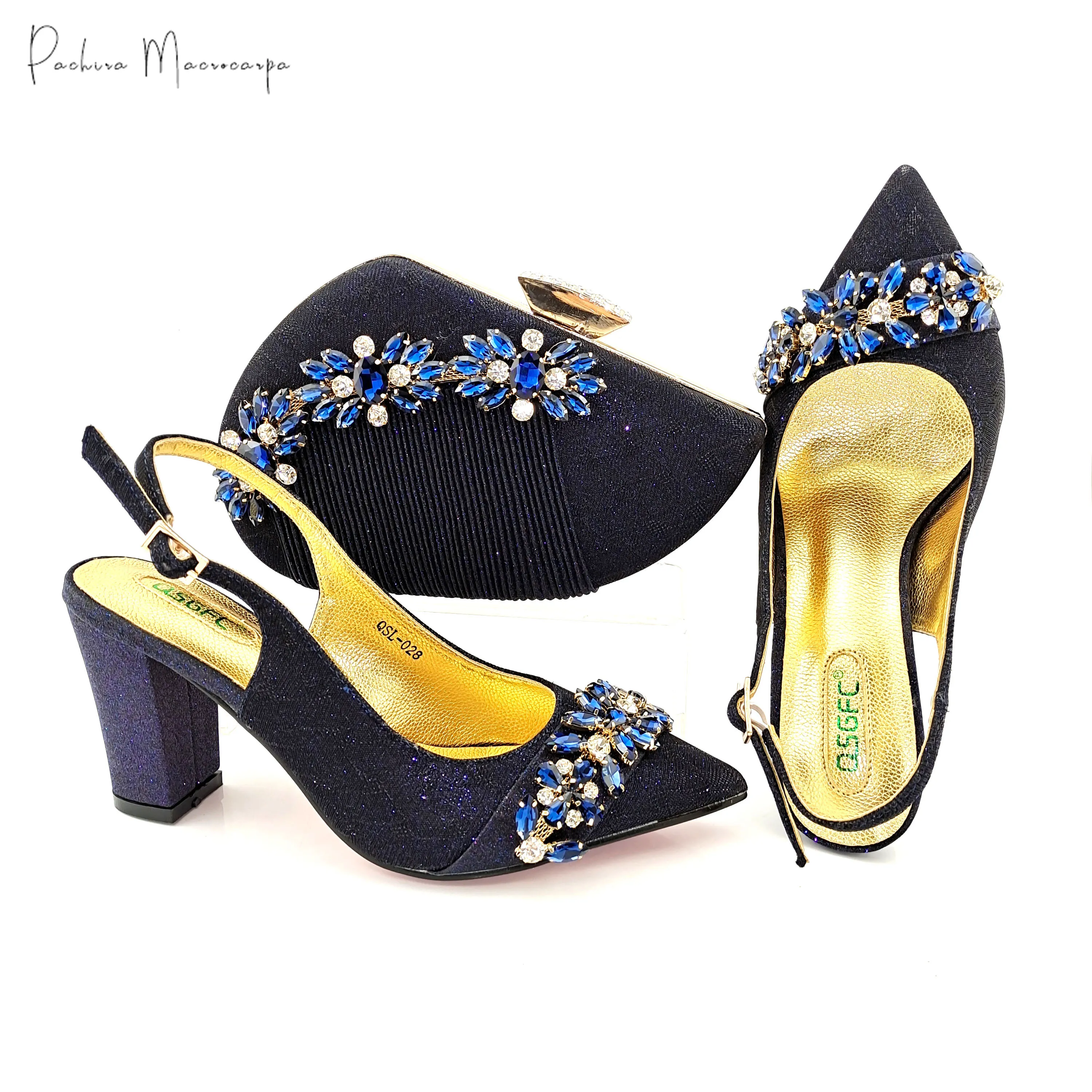 

Italian Design Nigerian Fashion D.Blue Crystal Decoration Style Noble Ladies Shoes and Bag Set in D.Blue Color for Party Wedding