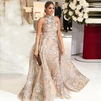 sparkly sequin evening dresses long luxury 2022 mermaid with detachable train women champagne formal prom gowns for wedding