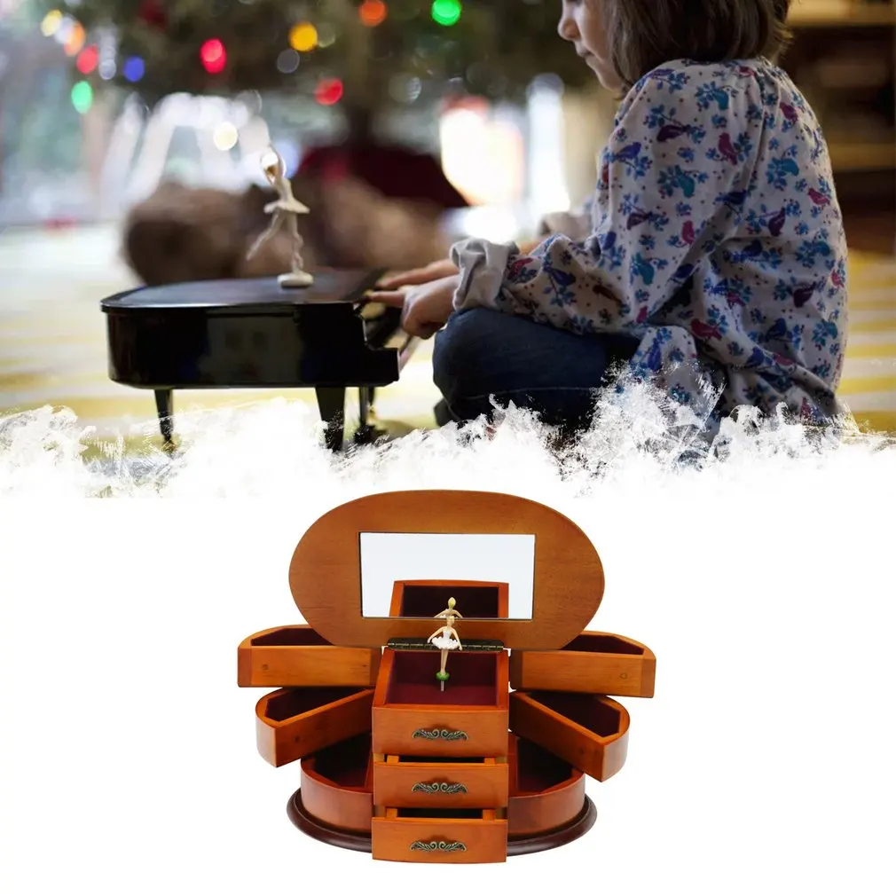 

Real Wood Jewelry Box Ballerina Music Jewellery Box Retro Decoration Organizer Oval Shape Flank Storage Compartments