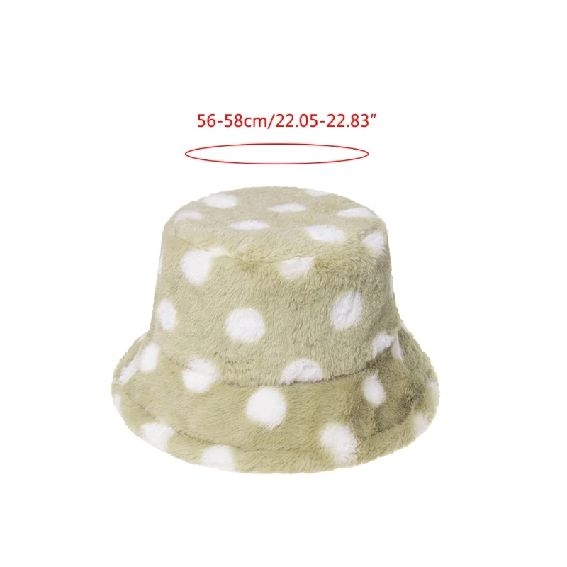

Women Men Winter Warm Thick Fluffy Plush Bucket Hat Harajuku Vintage Polka Dot Print Wide Brim Packable Fisherman Cap