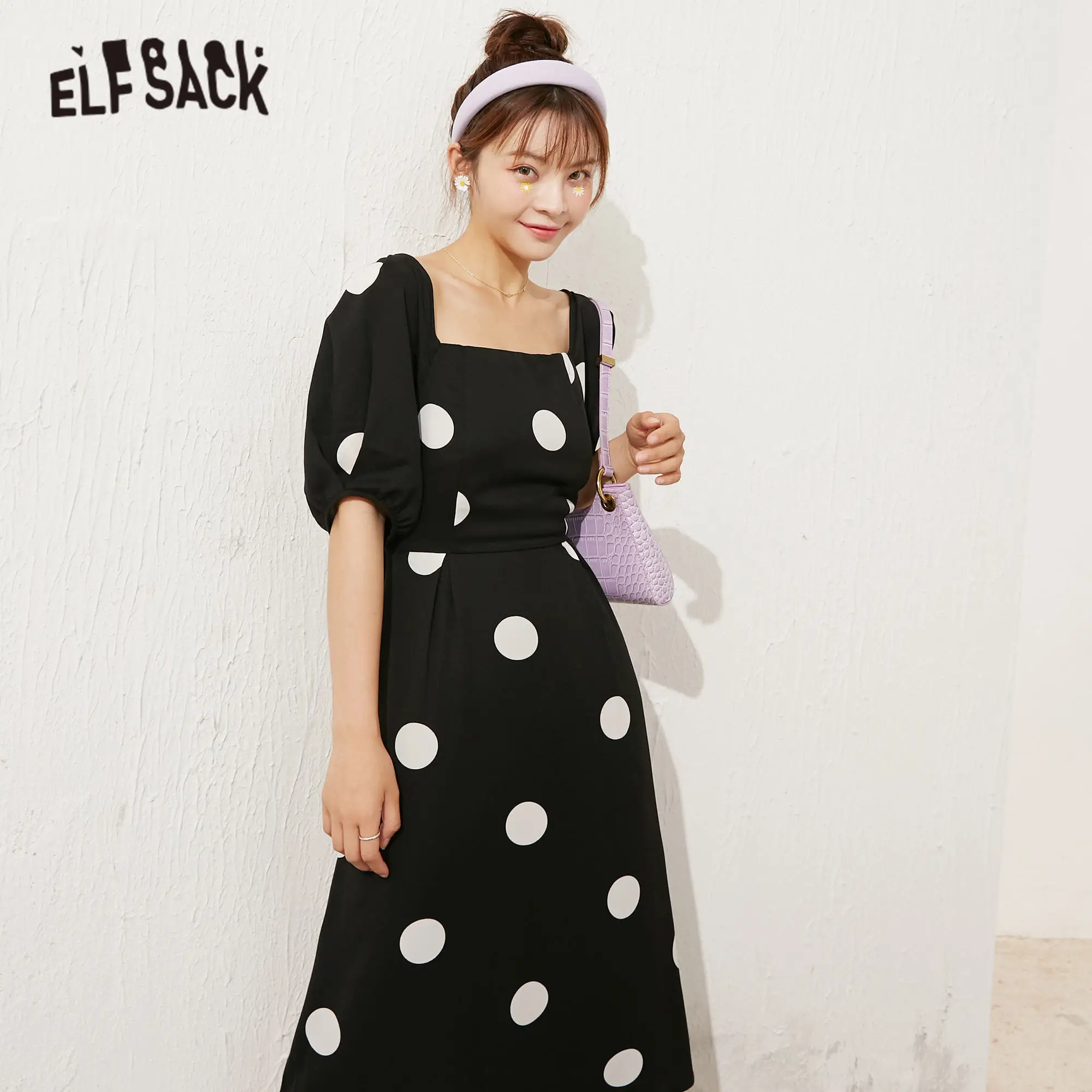 Женское шифоновое платье ELFSACK черное винтажное в горошек с открытой спиной на