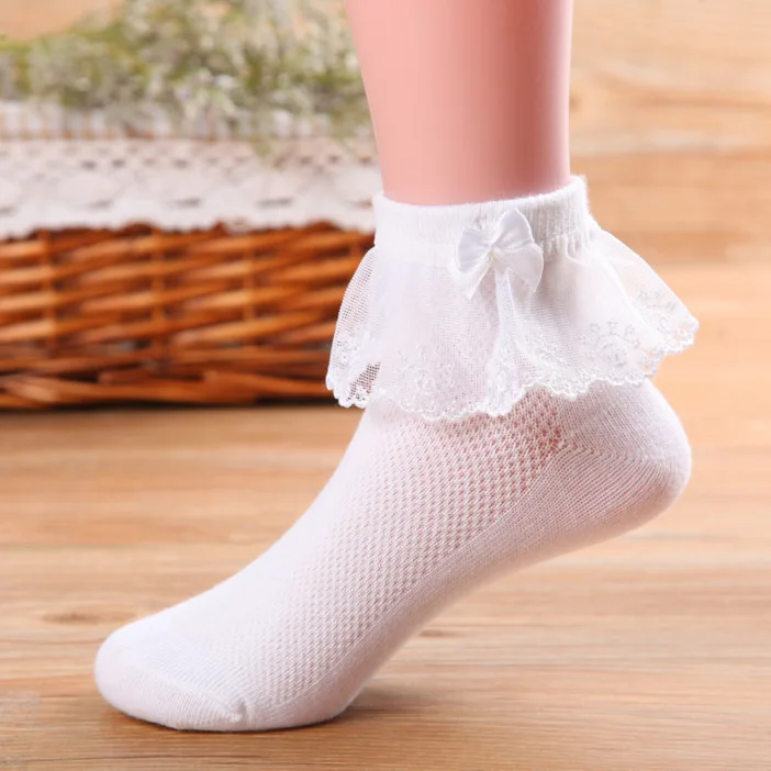Calcetines de encaje con lazo de fresa para ni&ntilde;a, medias de algod&oacute;n transpirables de malla para ni&ntilde;o, 1 par-3