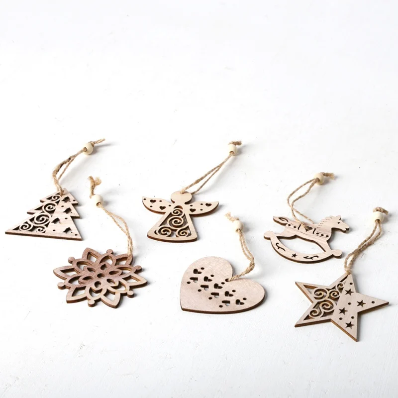 6Pcs/Set Wooden Christmas Decorative Pendants Hanging Ornaments With Hanging Rope Heart, Snowflake, Star, Angel, Tree, Horse