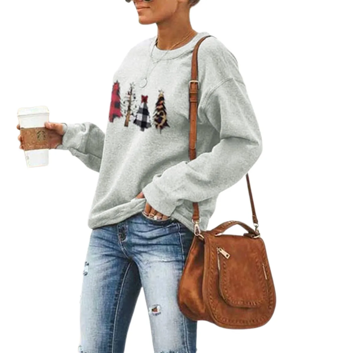 Женские футболки для бега с принтом рождественских елок круглым вырезом длинным