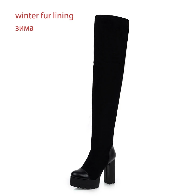 WETKISS Platform High Heels Boots Women Thigh High Boot Female Stitching Shoes Lady Round Toe Stretch Shoes Winter Plus Size 48 - Цвет: black   fur