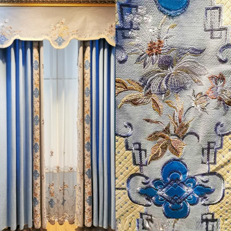 

New Chinese blue high quality chenille laser patching embroidered curtain fabric living room bedroom curtain finished products