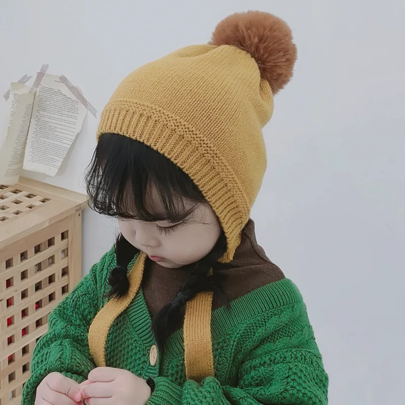 Зимние милые вязаные шапки с помпонами для девочек Детские теплые плотные