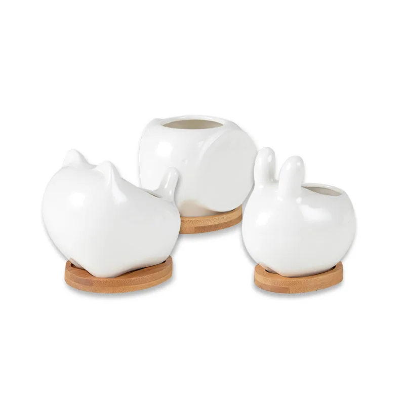 

Керамический цветочный горшок с белой кошкой, бамбуковый поднос, плантатор для суккулентов, настольные горшки, цветочный горшок в форме сло...