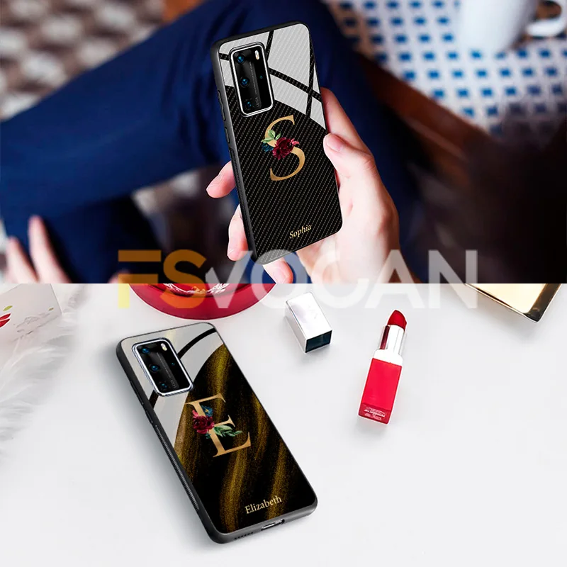 DIY Custom Name Phone Case For Huawei P30 P40 Lite Pro P20 Honor 50 10X 20 30Plus 8X 9X Nova 5T Mate Carbon Fiber Cover Initials