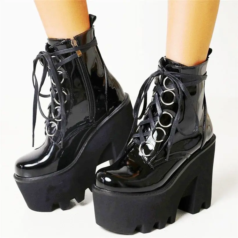 Murah Sepatu Bot Hak Tinggi Ujung Bundar Kulit Paten Wanita Pompa Platform Sepatu Creepers Gesper Berenda EUR35-43