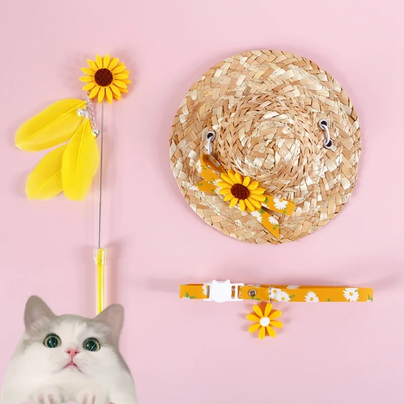 

Соломенная шляпа ручной работы с маргаритками для домашних животных, кошек, собак, регулируемая шляпа с солнцезащитным козырьком и цветами,...