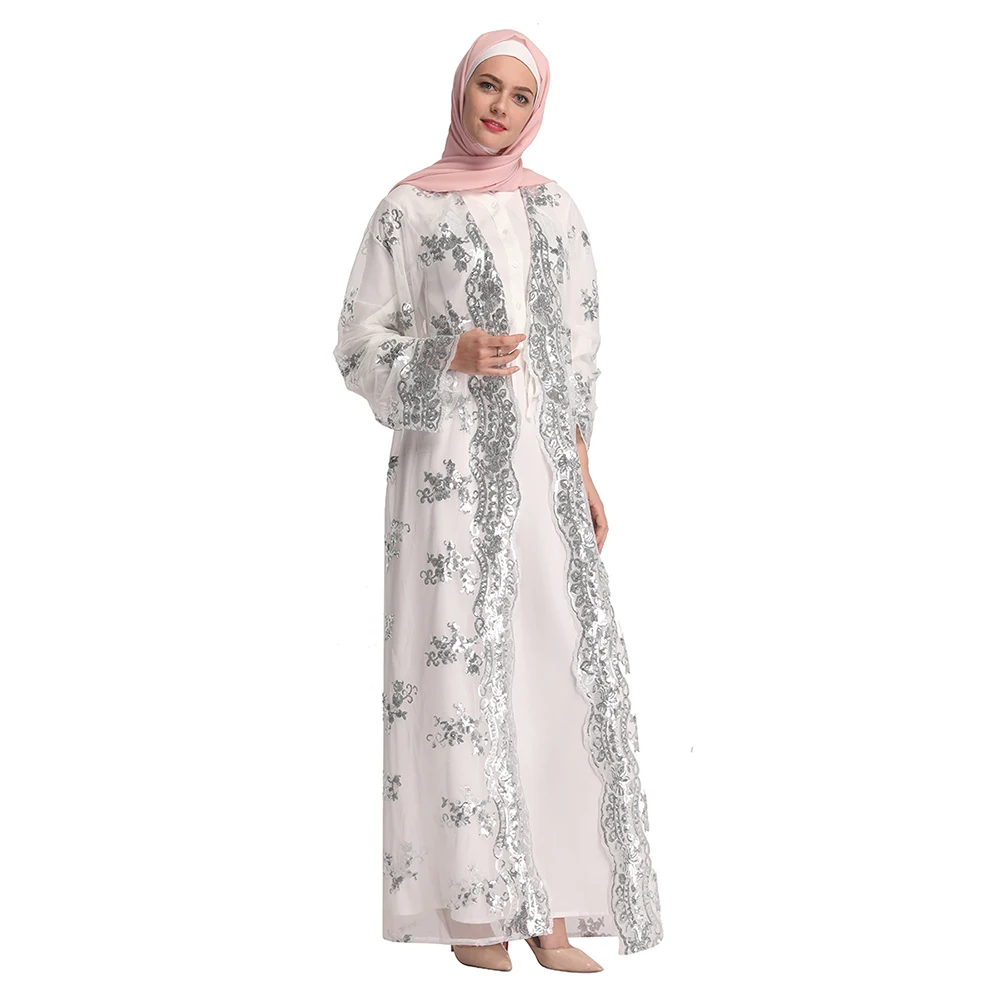 

Muslim Mesh Sequins Abaya Embroidery Lace Full Dresses Cardigan Kimono Long Robes Vestidos Middle East Ramadan Turkish Islamic