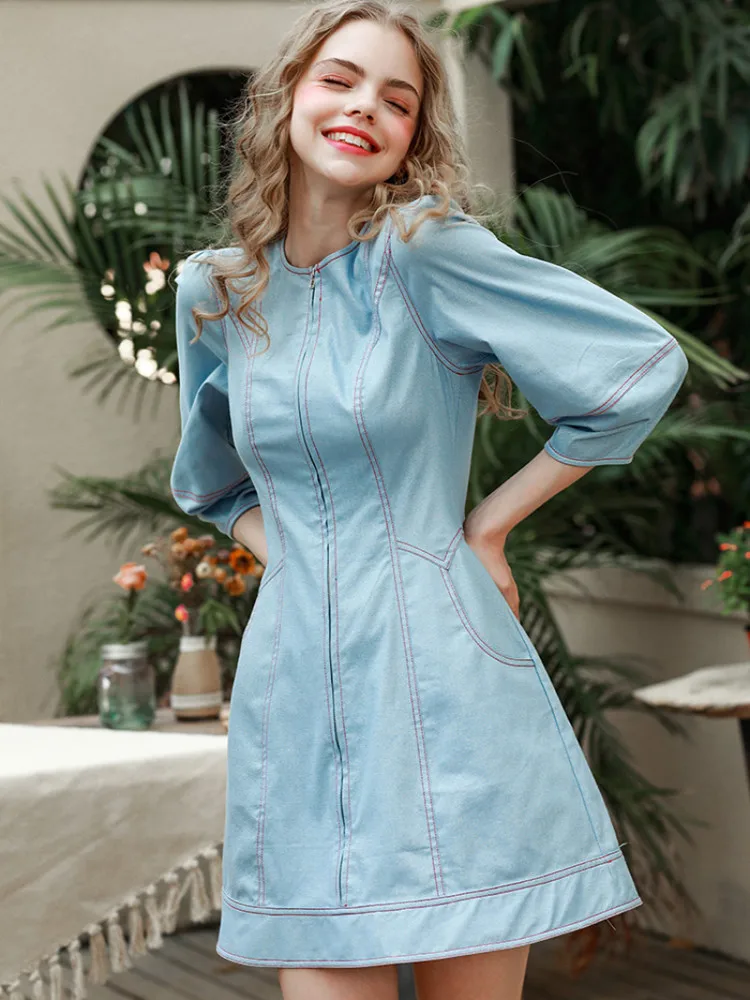 

Waist Is Thin Temperament Bottoming Dress French Autumn and Winter Type A Short Skirt Women's Slim Three-quarter Sleeves