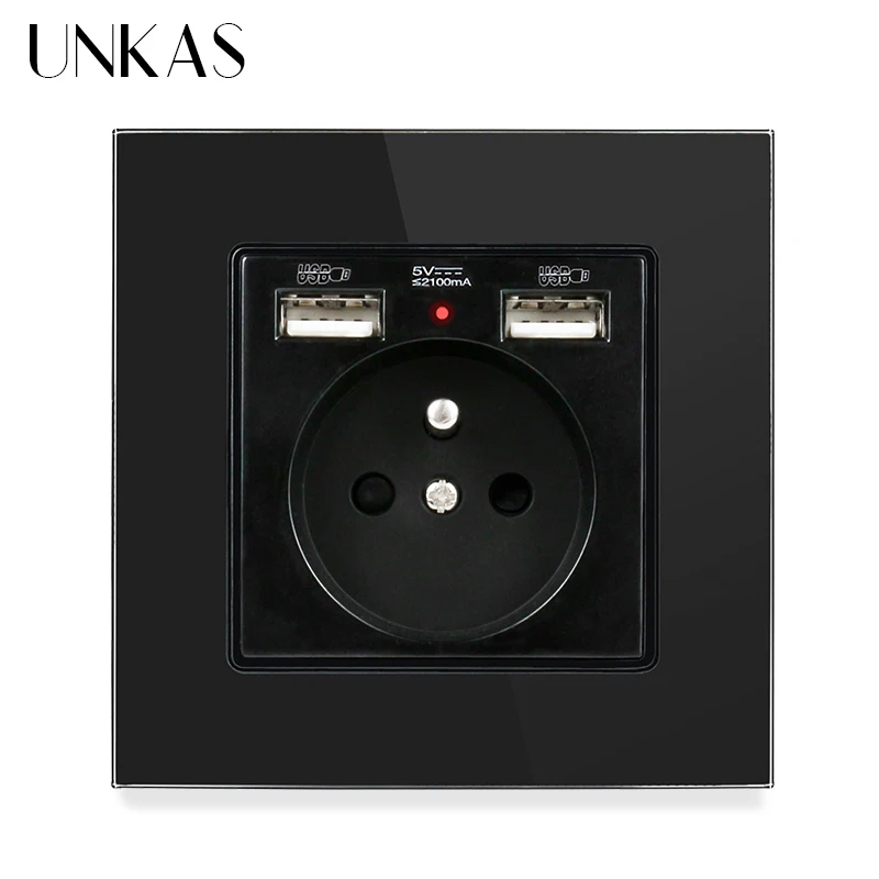 UNKAS Gray Crystal Glass Panel French Power Socket With Dual USB Port Grounded 16A Hidden Soft LED Indicator Electrical Outlet |