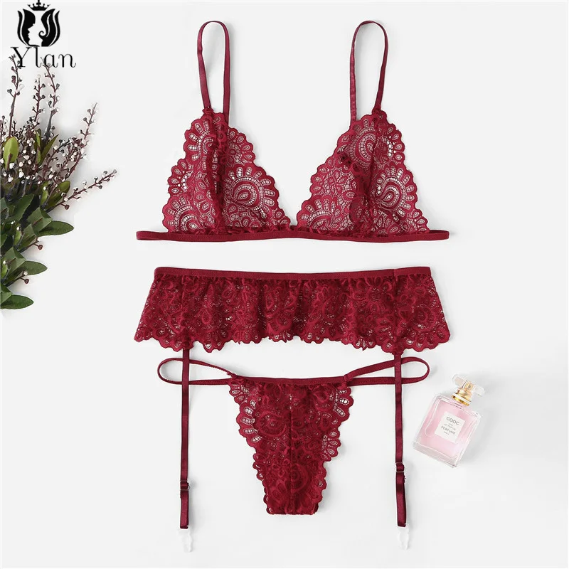 

Sexy Underwear Women Sets 3pcs Floral Lace Lingerie Set Wire Free Triangle Cup Bra Sexi Underpants Lingerie See Through Bra Set
