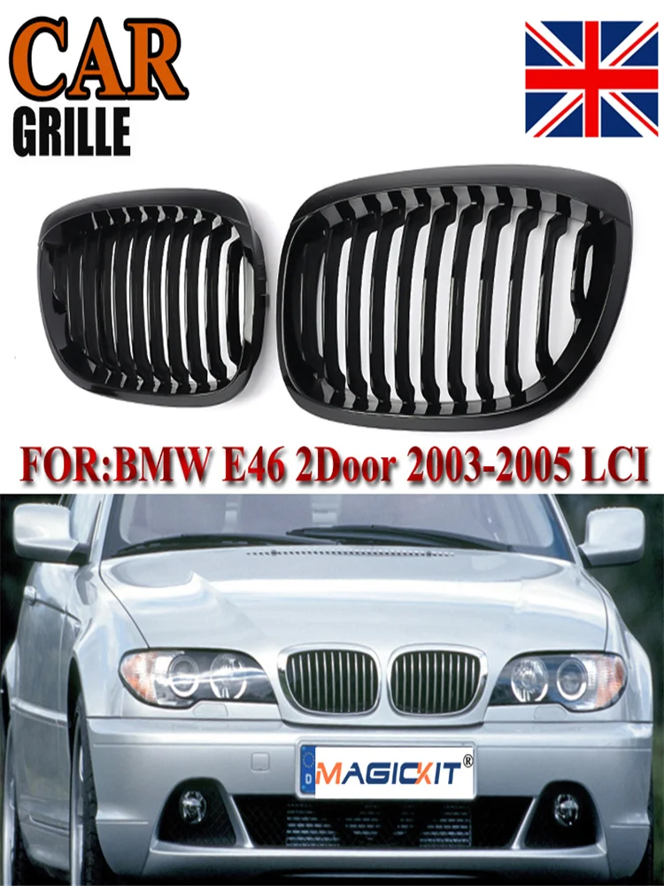 Glossy Black Single Slat Compatible with 2003 2004 2005 2006 E46 2-Door LCI Facelift 3 series Coupe Cabriolet 2pcs Front Hood Kidney Grille Grill