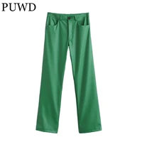 puwd casual women green faux leather pu pants 2021 autumn fashion ladies high waist streetwear pant female straight trousers