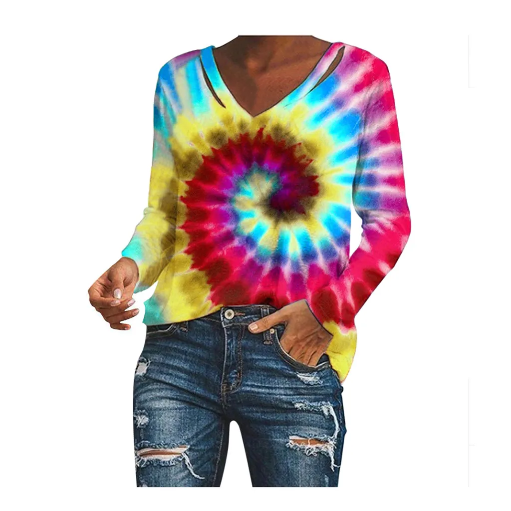 Women Tie-dye V-neck Gradient Contrast Color Long Sleeve Top Pullover Sweatshirt Las Mujeres Sweetshirts Спортивный Костюм Женск