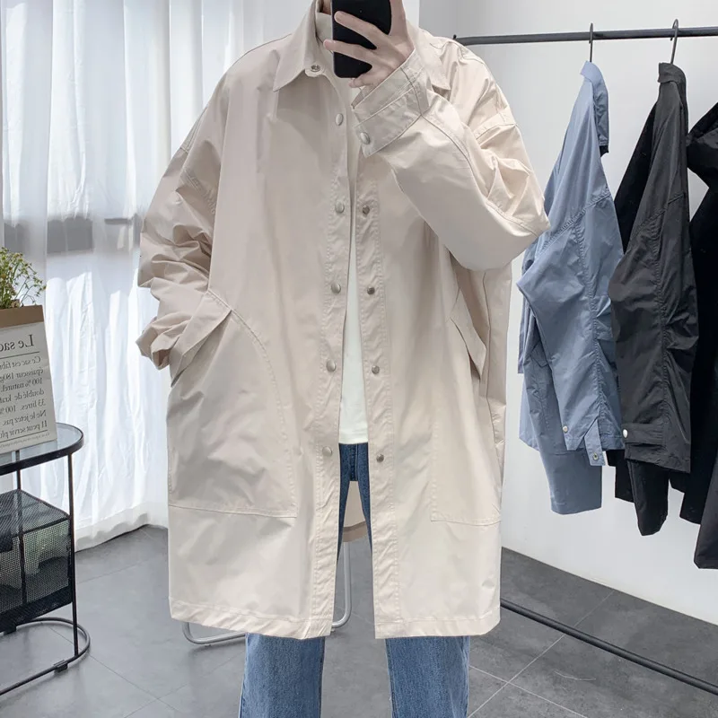 

Spring And Autumn Square Collar Windbreaker Men's Korean Fashion Loose Casual Long Coat Men Harajuku Streetwear Wild Trench Men