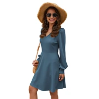 duyit long sleeved dress waist fashion womens v neck solid color casual commuter a line skirt