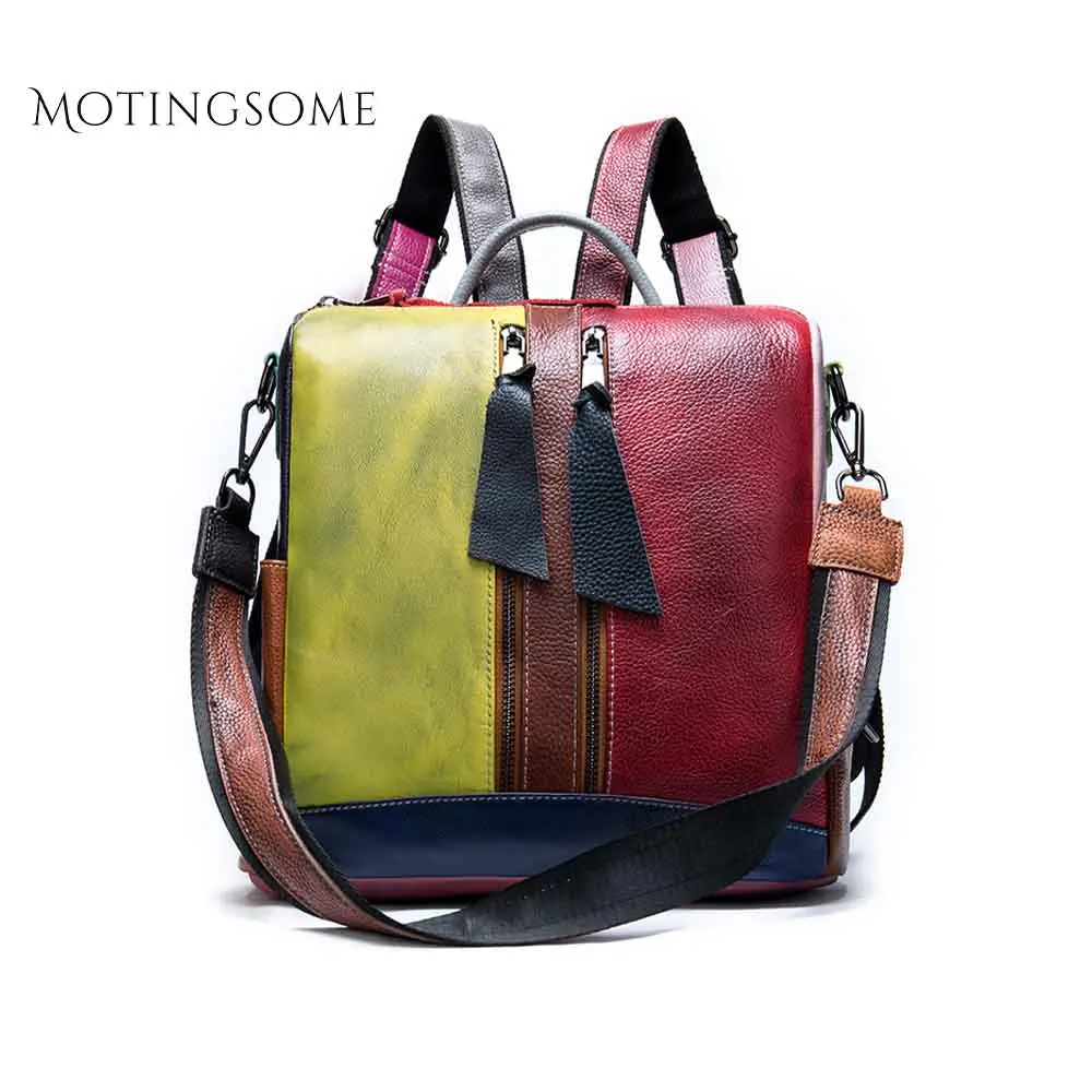 Красочный лоскутный женский рюкзак из натуральной кожи ручной работы воловьей