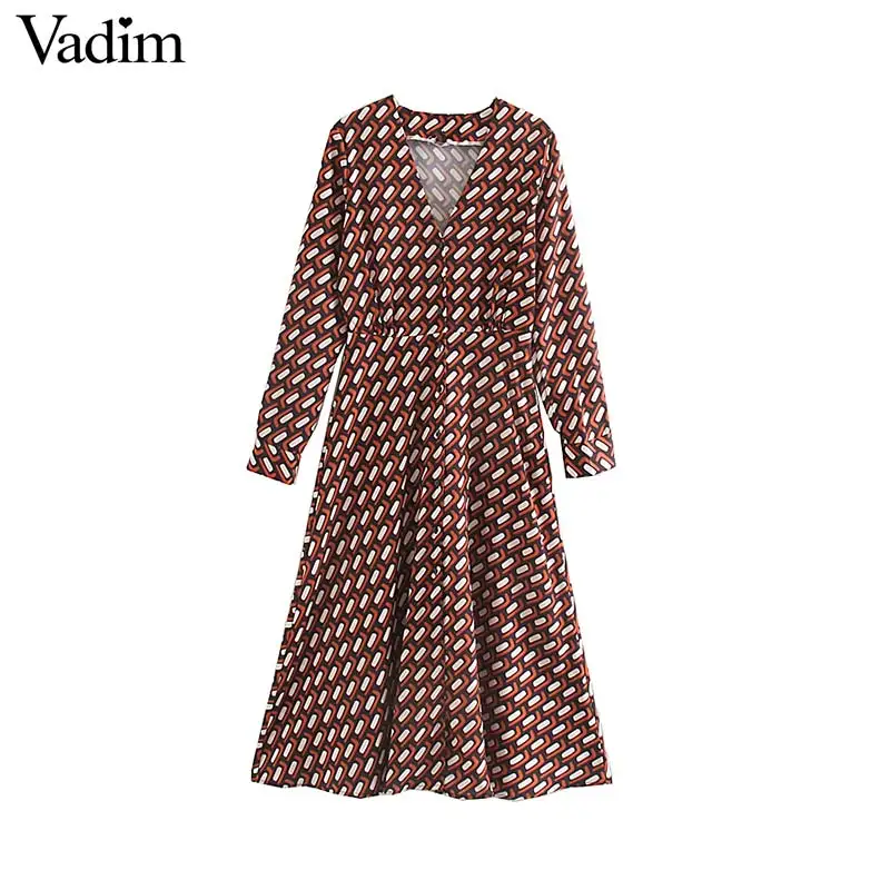 Vadim женское винтажное шикарное платье миди с принтом v образный вырез длинный