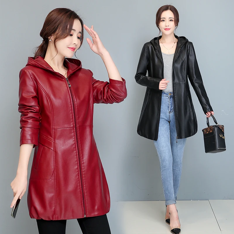 

Longue veste en Faux cuir pour femme, Trench-Coat noir capuche, fermeture clair ample, automne-hiver 2021