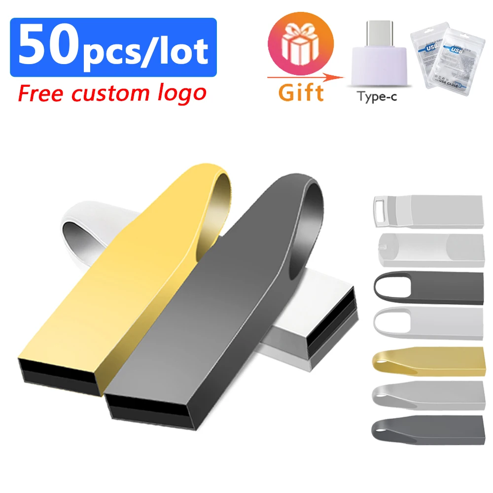 50pcs/lot Hot sale USB Flash Drive Metal Pendrive 32GB 16GB 8GB 4G usb Drive stick 128GB High Speed Waterproof usb free logo