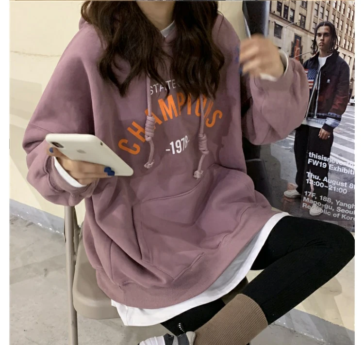 

26% cotton&74% polyester, Fall 2021 alphabet printed hoodie for women plus fleece large size hoodie