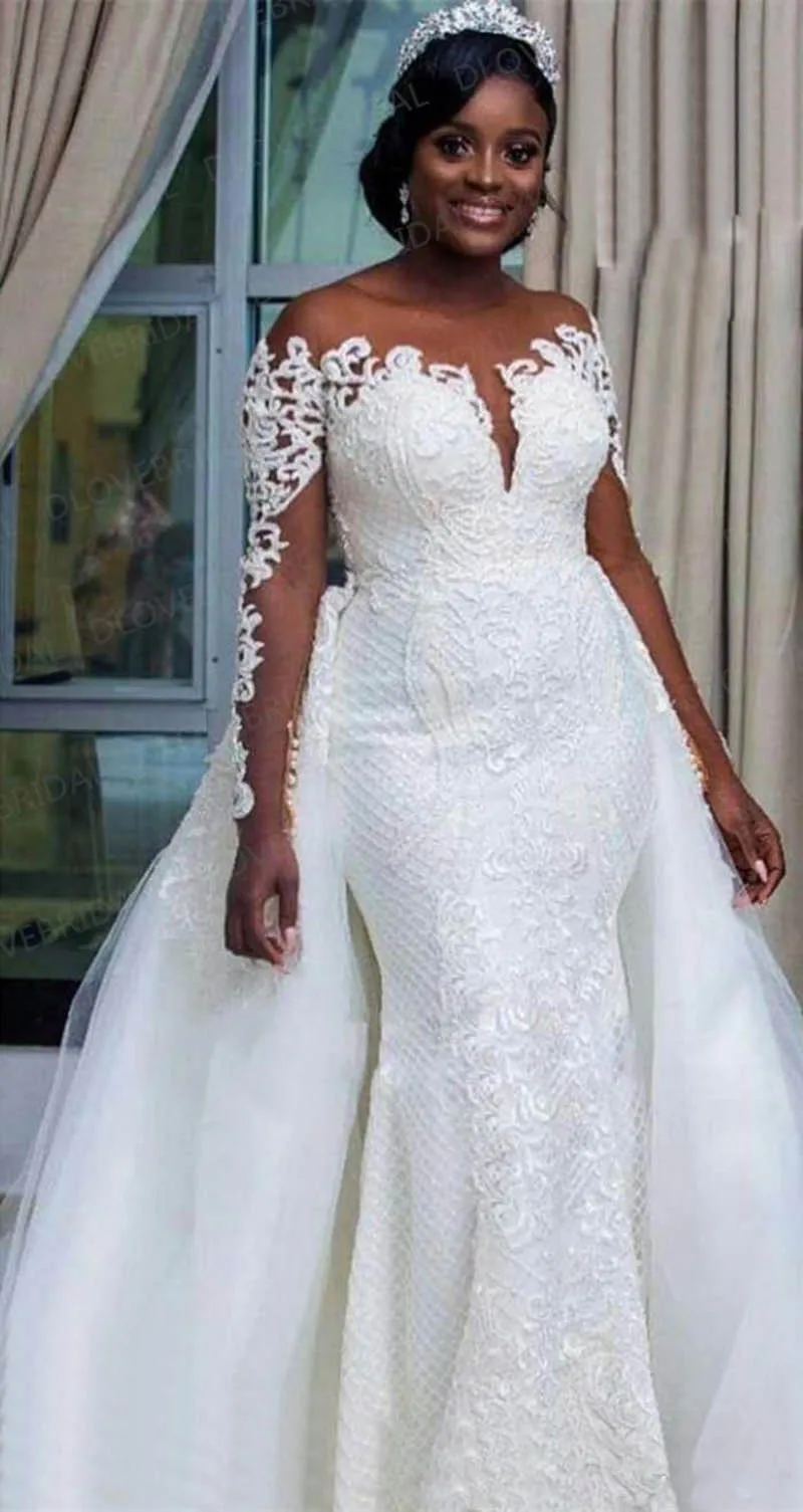 African Lace Wedding Dresses Long Sleeves Illusion Mermaid Detachable Skirt Bridal Gown High Quality Vestido De Noiva | Свадьбы и