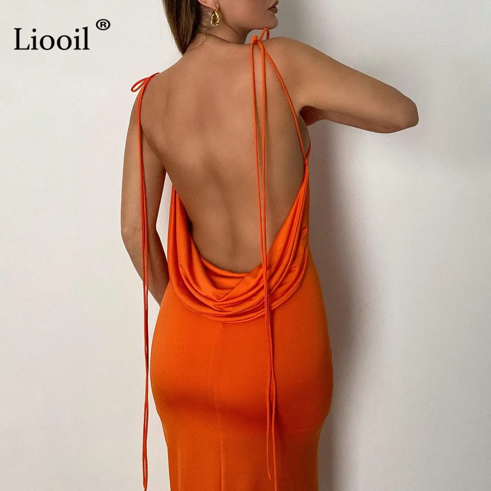 

Liooil Sexy Backless Bodycon Long Dress Women Summer 2021 Spaghetti Strap Sleeveless Drawstring Orange Green Party Maxi Dresses