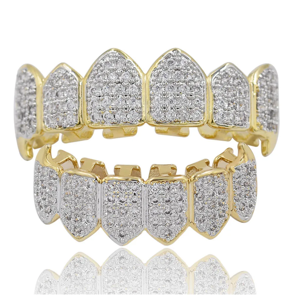 

Rock Hip Hop Teeth Grillz GOLD Color&Silver-Plated Micro Pave CZ Fang Top & Bottom Teeth Grills Vampire Set Cubic Zirconia