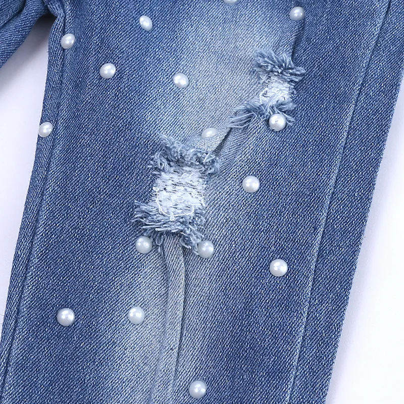 

Spring Fall Girl Casual Outfit Set 2Pcs Suit Solid Color Off Shoulder Long Sleeve Top Spot Print Ripped Jeans Kid Girl Clothes