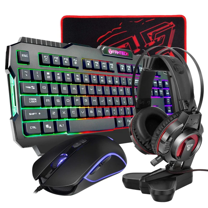 

FANTECH All In 1 PC Gaming Set,Rainbow Backlit 104 Keys Keyboard Wired 4800DPI RGB Mouse Headphone With Headset Stand Mouse Pad