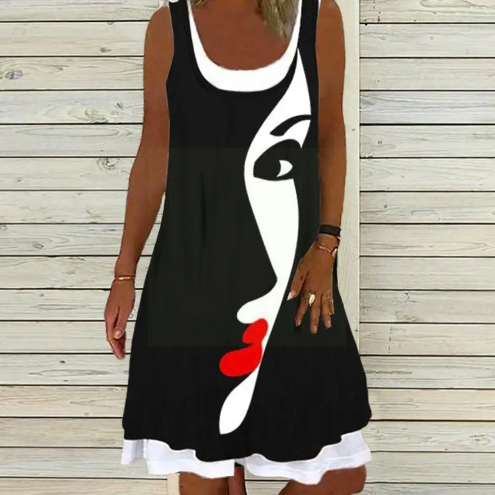 

Women Fashion Loose Casual Floral Abstract Print Round Sleeveless Female Size Summer Fake Plus Neck Two-piece Ladies Dress E4I2