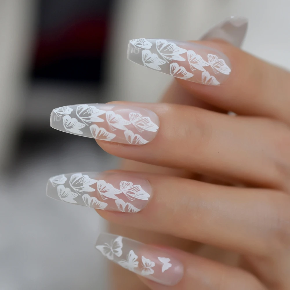 24pc Butterfly French Ballerina Coffin False Fake Nails Extra Long Press on Party Finger Wear Nail Tips 1 Sheet Jelly Sticker | Красота и